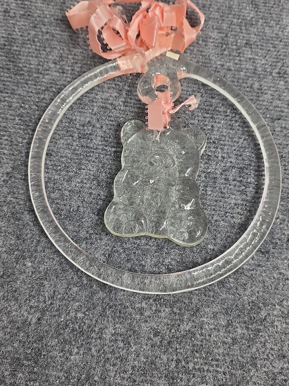 Vintage Glass Teddy Bear Ornament Pink Ribbon Large Hanging Nursery Suncatcher